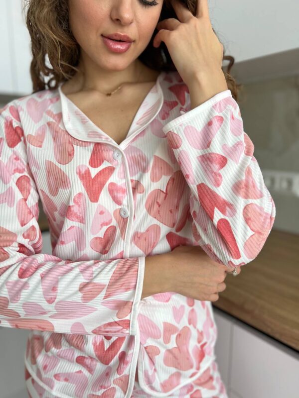 Женская Коттоновая Белая Пижама с Сердечками - Рубашка + Штаны