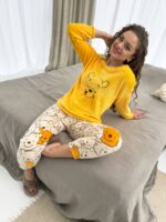 Женская Плюшевая Желтая Пижама с Мультяшным Принтом - Кофта + Штаны