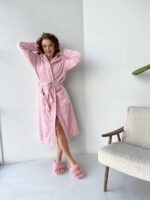 Женский Мягкий Махровый Халат Розового Цвета - Длинный с Капюшоном и Поясом