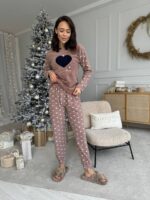 Женская Теплая Махровая Пижама Мокко с Сердечками (Кофта + Штаны)