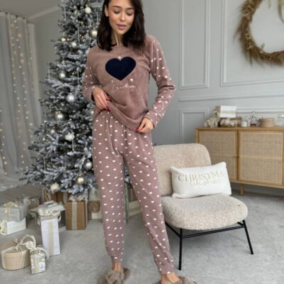 Женская Теплая Махровая Пижама Мокко с Сердечками (Кофта + Штаны)
