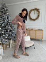 Женская Теплая Махровая Пижама Мокко с Сердечками (Кофта + Штаны)