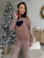 Женская Теплая Махровая Пижама Мокко с Сердечками (Кофта + Штаны)