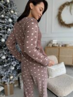 Женская Теплая Махровая Пижама Мокко с Сердечками (Кофта + Штаны)