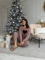 Женская Теплая Махровая Пижама Мокко с Сердечками (Кофта + Штаны)