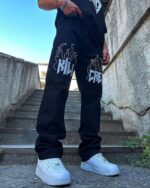 Мужские Черные Джинсы Baggy с Принтом - Широкие Джинсовые Штаны Багги