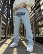 Мужские Голубые Джинсы Baggy с Принтом - Широкие Джинсовые Штаны Багги