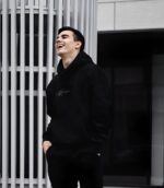 Мужское Черное Худи Оверсайз Принт на Спине Скелет с Оружием - Утепленный Трехнитка с Начесом
