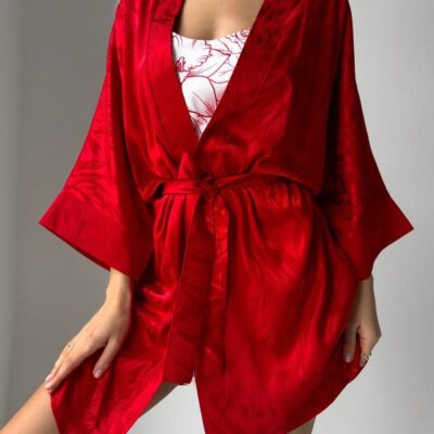 Женский Ночной Комплект - Белая Рубашка + Красный Халат