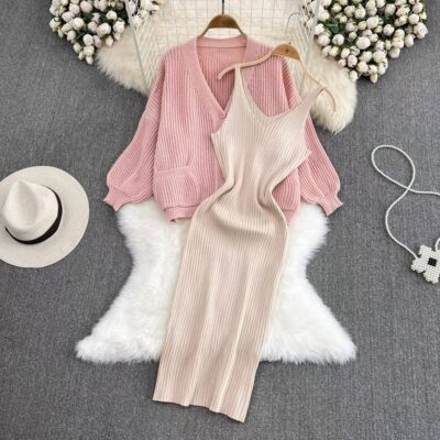 Женское Бежевое Платье Лапша Миди + Вязаный Розовый Кардиган