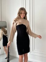 Женское Черное Платье до Колен + Короткий Бежевый Свитер