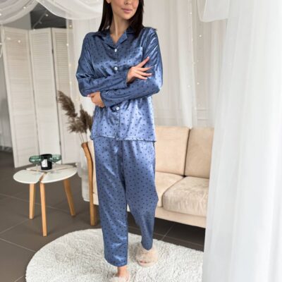 Женская Шелковая Синяя Пижама с Сердечками - Рубашка + Штаны