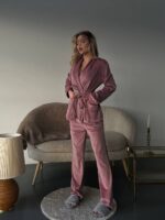 Женская Велюровая Пижама Пудрового Цвета - Халат с Пояском + Штаны