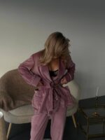 Женская Велюровая Пижама Пудрового Цвета - Халат с Пояском + Штаны