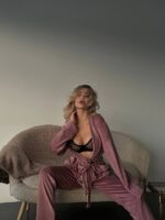 Женская Велюровая Пижама Пудрового Цвета - Халат с Пояском + Штаны