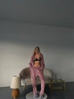 Женская Велюровая Пижама Пудрового Цвета - Халат с Пояском + Штаны