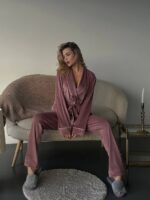 Женская Велюровая Пижама Пудрового Цвета - Халат с Пояском + Штаны