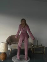 Женская Велюровая Пижама Пудрового Цвета - Халат с Пояском + Штаны