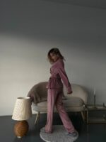 Женская Велюровая Пижама Пудрового Цвета - Халат с Пояском + Штаны