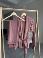 Женская Велюровая Пижама Пудрового Цвета - Халат с Пояском + Штаны