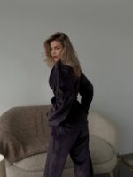 Женская Велюровая Пижама Цвета Баклажан - Халат с Пояском + Штаны