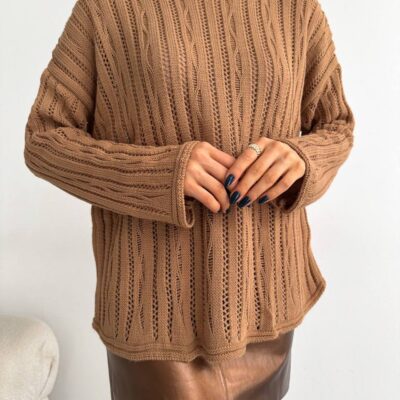Жіночий светр Мокко Вільного Крою з Ажурним Плетенням