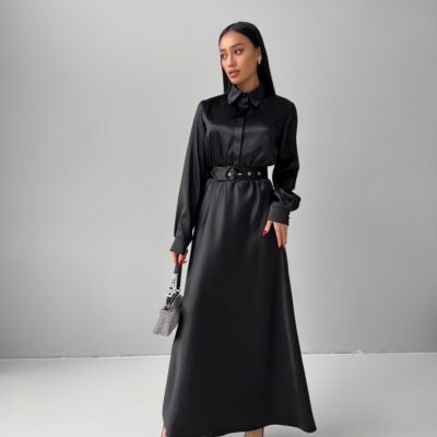Женское Атласное Черное Платье Макси Юнона - Свободное Прямое под Пояс с Воротником