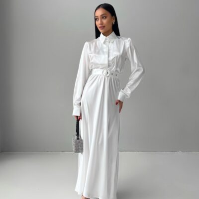 Женское Атласное Белое Платье Макси Юнона - Свободное Прямое под Пояс с Воротником