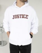 Мужское Трикотажное Свободное Белое Худи с Надписью "Justice"