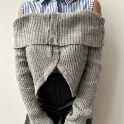 Женская Комбинированная Серая Кофта с Верхом Рубашки и Открытыми Плечами
