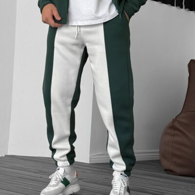 Мужские Двухцветные Зелено-Белые Спортивные Штаны Джоггеры - Утепленные на Флисе