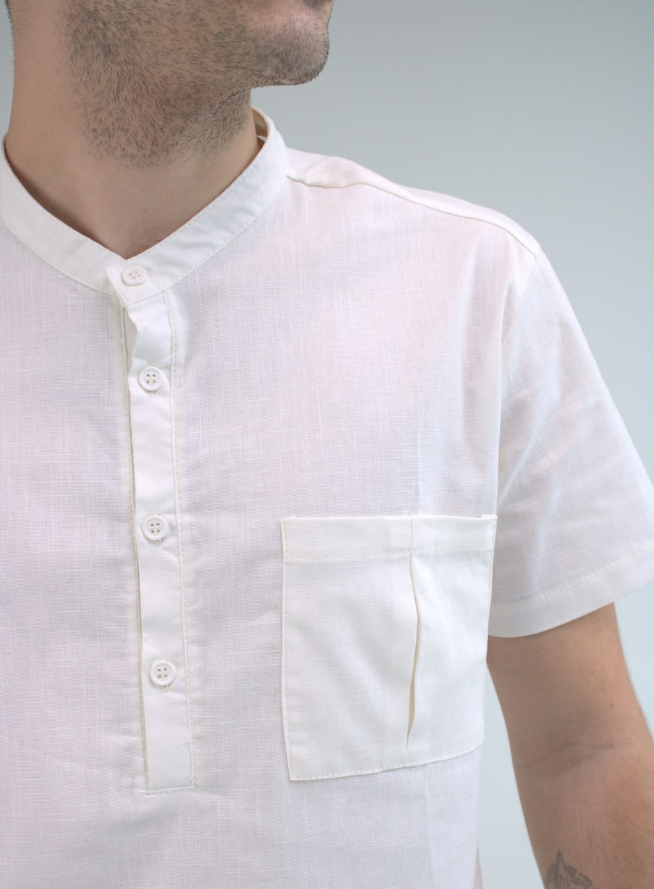 photo_2024-03-03_10-15-05 Мужская Льняная Базовая Белая Рубашка с Карманом на Груди Короткий Рукав
