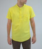 Мужская Льняная Базовая Желтая Рубашка с Карманом на Груди Короткий Рукав