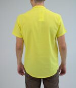 Мужская Льняная Базовая Желтая Рубашка с Карманом на Груди Короткий Рукав