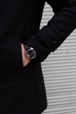 Мужское Демисезонное Кашемировое Черное Пальто - Классическая с Воротником Стойкой