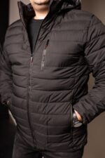 Мужская Демисезонная Черная Куртка на Молнии - Стеганная с Капюшоном (Большие Размеры)