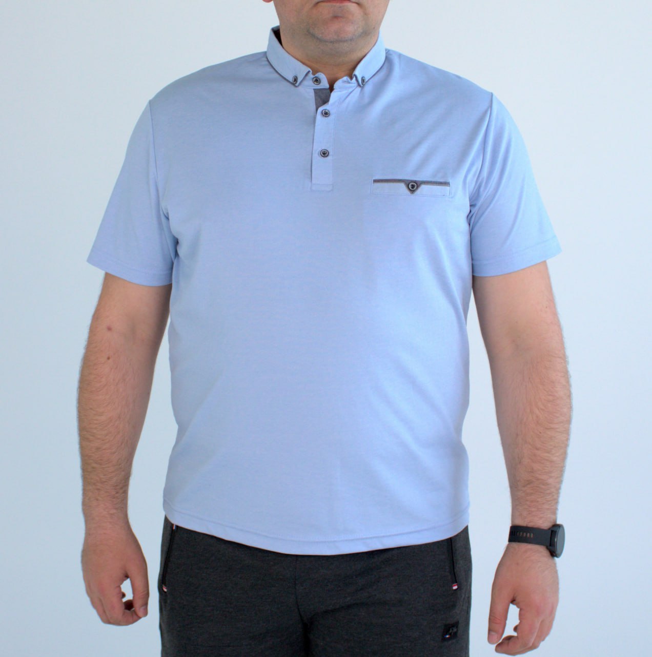 photo_2024-03-05_11-17-36 Мужская Базовая Голубая Футболка с Воротником Поло на Пуговицах (Большие Размеры)