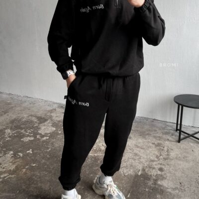 Мужской Базовый Черный Спортивный Костюм Оверсайз с Вышивкой Надпись (Кофта + Джоггеры)