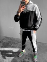 Мужской Комбинированный Черно-Белый Спортивный Костюм Оверсайз (Худи + Джоггеры)