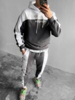 Мужской Комбинированный Графитово-Белый Спортивный Костюм Оверсайз (Худи + Джоггеры)