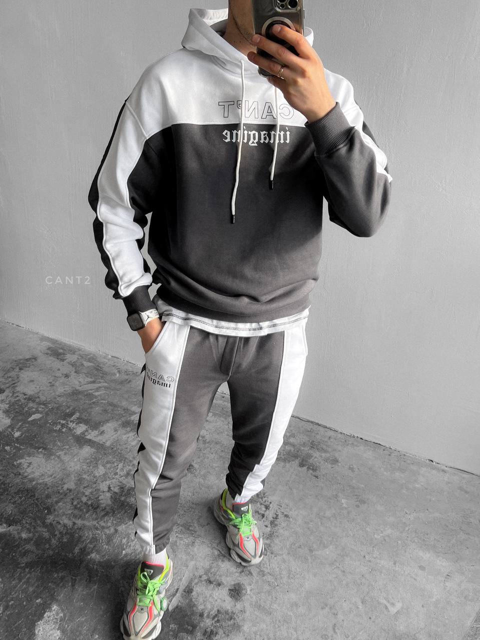 photo_2024-03-15_11-48-43 (2) Мужской Комбинированный Графитово-Белый Спортивный Костюм Оверсайз (Худи + Джоггеры)