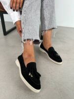 Женские Замшевые Черные Туфли Лоферы с Кисточками