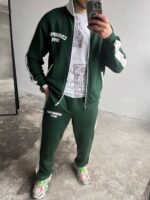 Мужской Зеленый Спортивный Костюм Трехнитка с Лампасами - Кофта на Молнии под Горло + Штаны