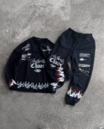 Мужской Черный Спортивный Костюм Свитшот Джоггеры Оверсайз в Принт с Обрезанными Краями