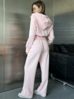 Женский Базовый Розовый Костюм - Кофта на Молнии с Капюшоном + Свободные Штаны со Стрелками