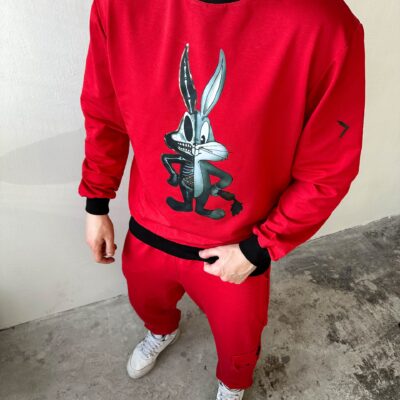 Мужской Свободный Красный Спортивный Костюм с Черными Манжетами Принт Bugs Bunny (Свитшот + Джоггеры)