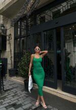 Женское Длинное Зеленое Платье Макси в Рубчик - Базовое Прилегающего Кроя на Бретелях