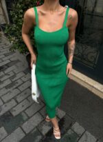 Женское Длинное Зеленое Платье Макси в Рубчик - Базовое Прилегающего Кроя на Бретелях