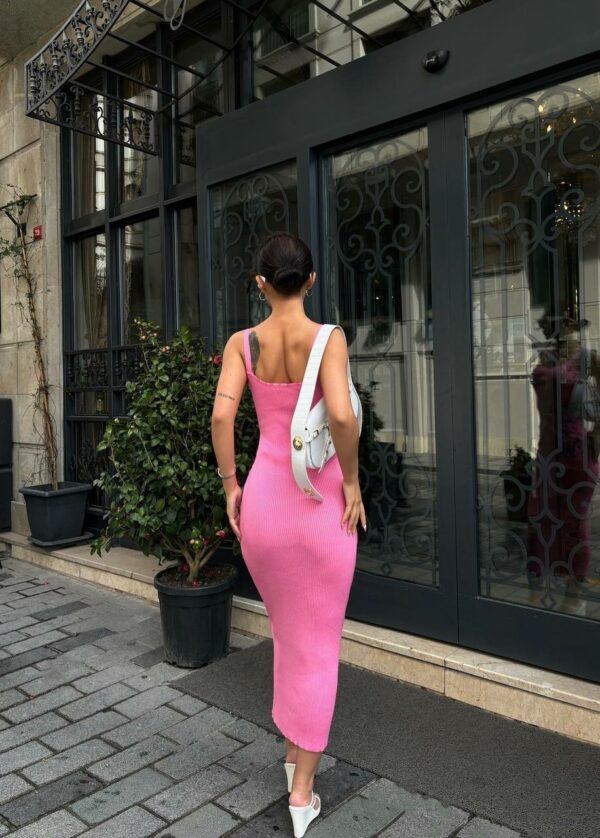 Женское Длинное Розовое Платье Макси в Рубчик - Базовое Прилегающего Кроя на Бретелях