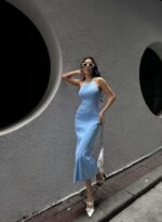 Женское Длинное Голубое Платье Макси - Трикотажное Прилегающее с Кантом